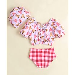 Babyhug Half Sleeves Two Piece Swimsuit With Animal Print - Red