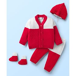 Babyhug Knit Full Sleeves Color Block Front Open Sweater Set with Cap & Booties - Red & White