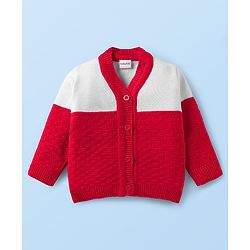 Babyhug Knit Full Sleeves Color Block Front Open Sweater Set with Cap & Booties - Red & White