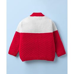 Babyhug Knit Full Sleeves Color Block Front Open Sweater Set with Cap & Booties - Red & White