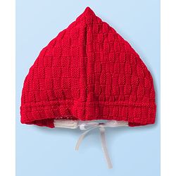Babyhug Knit Full Sleeves Color Block Front Open Sweater Set with Cap & Booties - Red & White