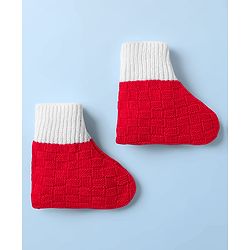 Babyhug Knit Full Sleeves Color Block Front Open Sweater Set with Cap & Booties - Red & White