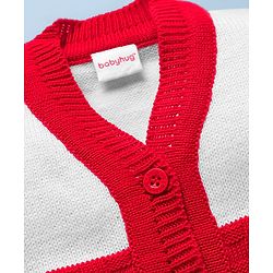Babyhug Knit Full Sleeves Color Block Front Open Sweater Set with Cap & Booties - Red & White