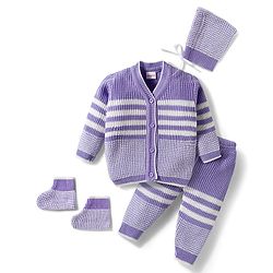 Babyhug Knitted Full Sleeves Striped Sweater Set With Cap & Booties - Lavender