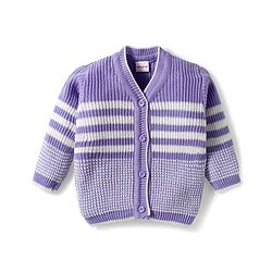 Babyhug Knitted Full Sleeves Striped Sweater Set With Cap & Booties - Lavender