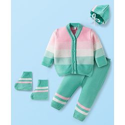 Babyhug Knit Full Sleeves Front Open Sweater Set with Stripes & Cap & Booties - Mint & Pink