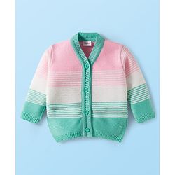 Babyhug Knit Full Sleeves Front Open Sweater Set with Stripes & Cap & Booties - Mint & Pink