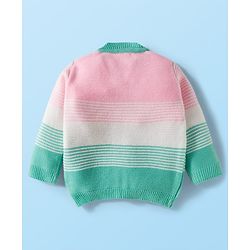 Babyhug Knit Full Sleeves Front Open Sweater Set with Stripes & Cap & Booties - Mint & Pink