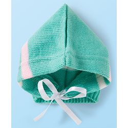 Babyhug Knit Full Sleeves Front Open Sweater Set with Stripes & Cap & Booties - Mint & Pink