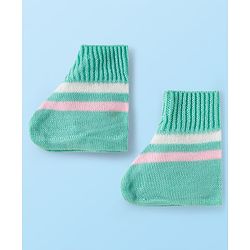 Babyhug Knit Full Sleeves Front Open Sweater Set with Stripes & Cap & Booties - Mint & Pink