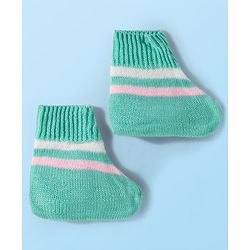 Babyhug Knit Full Sleeves Front Open Sweater Set with Stripes & Cap & Booties - Mint & Pink