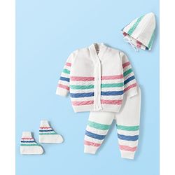 Babyhug Knit Full Sleeves Front Open Sweater Set with Stripes & Cap & Booties - White