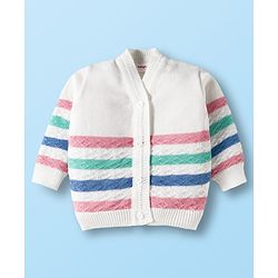 Babyhug Knit Full Sleeves Front Open Sweater Set with Stripes & Cap & Booties - White