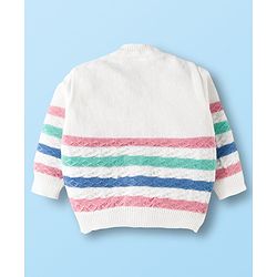 Babyhug Knit Full Sleeves Front Open Sweater Set with Stripes & Cap & Booties - White
