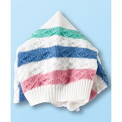 Babyhug Knit Full Sleeves Front Open Sweater Set with Stripes & Cap & Booties - White