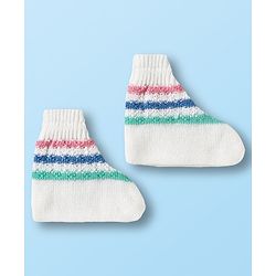 Babyhug Knit Full Sleeves Front Open Sweater Set with Stripes & Cap & Booties - White