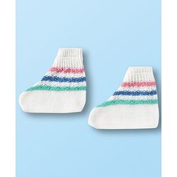 Babyhug Knit Full Sleeves Front Open Sweater Set with Stripes & Cap & Booties - White