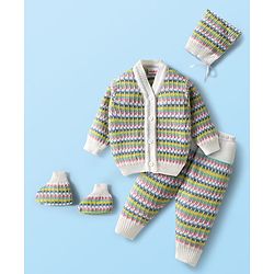 Babyhug Knit Full Sleeves Front Open Sweater & Pant Set with Cap with Knot & Booties with Cable Knit Design - Multicolor