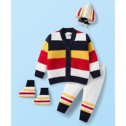 Babyhug Knit Full Sleeves Front Open Sweater Set with Stripes & Cap & Booties - White & Navy Blue