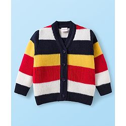 Babyhug Knit Full Sleeves Front Open Sweater Set with Stripes & Cap & Booties - White & Navy Blue