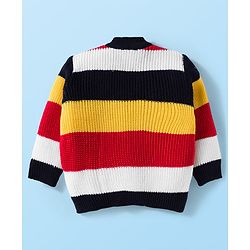 Babyhug Knit Full Sleeves Front Open Sweater Set with Stripes & Cap & Booties - White & Navy Blue