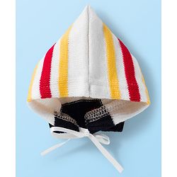 Babyhug Knit Full Sleeves Front Open Sweater Set with Stripes & Cap & Booties - White & Navy Blue