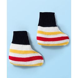 Babyhug Knit Full Sleeves Front Open Sweater Set with Stripes & Cap & Booties - White & Navy Blue