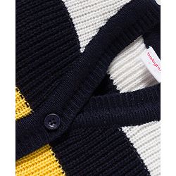 Babyhug Knit Full Sleeves Front Open Sweater Set with Stripes & Cap & Booties - White & Navy Blue