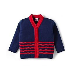 Babyhug Knitted Full Sleeves Striped Sweater Set With Cap & Booties - Red & Navy Blue