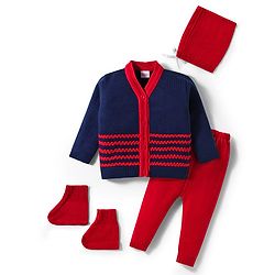 Babyhug Knitted Full Sleeves Striped Sweater Set With Cap & Booties - Red & Navy Blue
