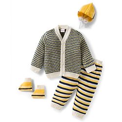 Babyhug Knit Full Sleeves Front Open Sweater Set with Stripes & Cap & Booties - Yellow White & Beige