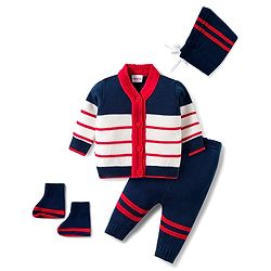 Babyhug Knitted Full Sleeves Striped Sweater Set With Cap & Booties - Navy Blue Red & White