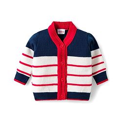 Babyhug Knitted Full Sleeves Striped Sweater Set With Cap & Booties - Navy Blue Red & White