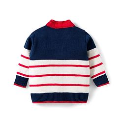 Babyhug Knitted Full Sleeves Striped Sweater Set With Cap & Booties - Navy Blue Red & White