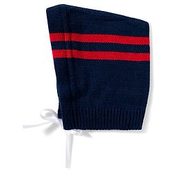 Babyhug Knitted Full Sleeves Striped Sweater Set With Cap & Booties - Navy Blue Red & White