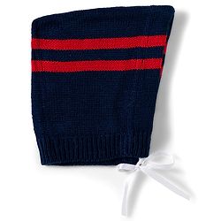 Babyhug Knitted Full Sleeves Striped Sweater Set With Cap & Booties - Navy Blue Red & White