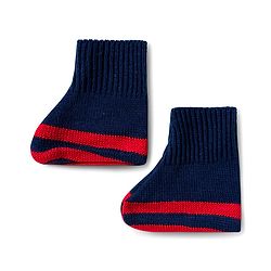 Babyhug Knitted Full Sleeves Striped Sweater Set With Cap & Booties - Navy Blue Red & White