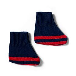 Babyhug Knitted Full Sleeves Striped Sweater Set With Cap & Booties - Navy Blue Red & White