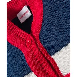 Babyhug Knitted Full Sleeves Striped Sweater Set With Cap & Booties - Navy Blue Red & White