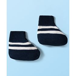 Babyhug Knitted Full Sleeves Front Open Sweater Set With Cap & Booties - Navy Blue & White