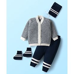 Babyhug Knitted Full Sleeves Front Open Sweater Set With Cap & Booties - Navy Blue & White