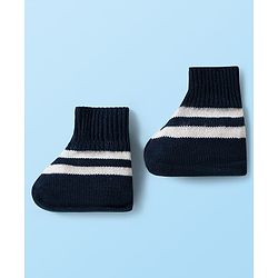 Babyhug Knitted Full Sleeves Front Open Sweater Set With Cap & Booties - Navy Blue & White