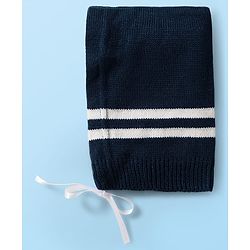Babyhug Knitted Full Sleeves Front Open Sweater Set With Cap & Booties - Navy Blue & White