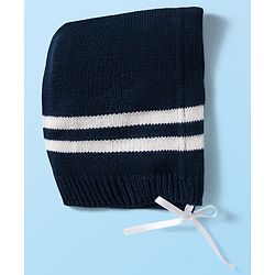 Babyhug Knitted Full Sleeves Front Open Sweater Set With Cap & Booties - Navy Blue & White