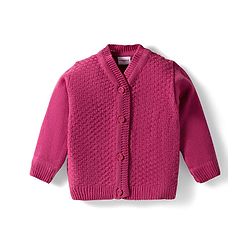 Babyhug Knit Full Sleeves Solid Color Front Open Sweater Set with Pair of Mittens & Cap - Dark Pink