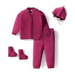 Babyhug Knit Full Sleeves Solid Color Front Open Sweater Set with Pair of Mittens & Cap - Dark Pink