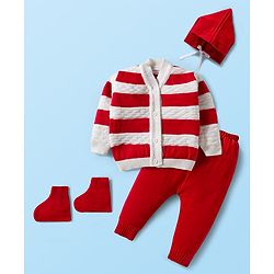Babyhug Knitted Full Sleeves Striped Sweater Set With Cap & Booties - Red