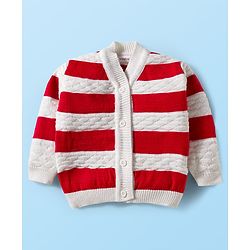 Babyhug Knitted Full Sleeves Striped Sweater Set With Cap & Booties - Red