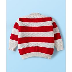 Babyhug Knitted Full Sleeves Striped Sweater Set With Cap & Booties - Red