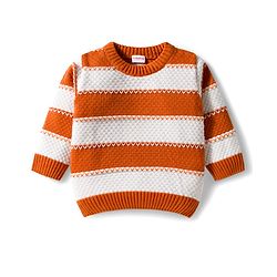 Babyhug Knit Full Sleeves Pullover Sweater with Color Block Stripe Design - Brown & White